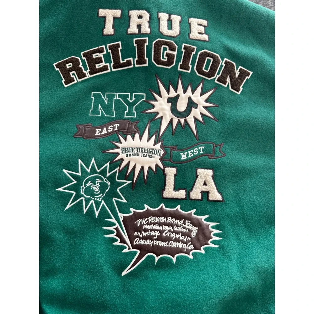 True Religion Retro Wool Varsity Jacket‎ Evergreen Winter White XXL 109636 NEW